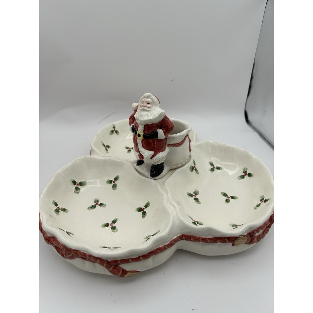Vintage 1988 Fitz‎ & Floyd Old World Santa 3 Section Server Bowl Holly & Ribbon